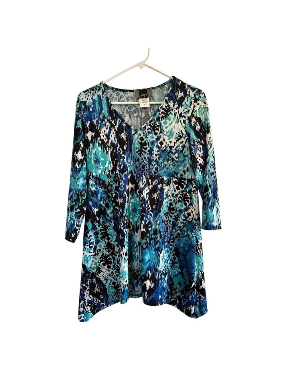 Slinky Brand Tropical Tunic Blouse Womens Small Blue Abstract Summer Top